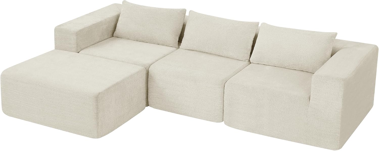 Christopher Knight Home Bard 107'' Lounge Sofa Couch with Pillows, Soft Seating 3-Seater Compressed Modular Sectional Sofa with Armrests, Comfy Boucle Upholstered Home Sofa, No Assembly, Khaki