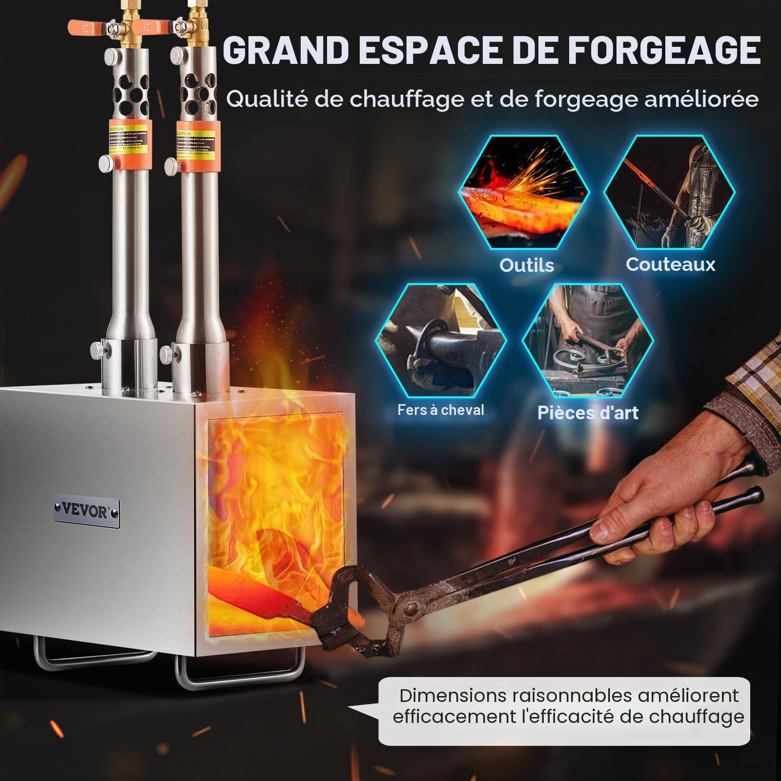 VEVOR Forge de propane portable Forge de forgeron 2 brûleurs à gaz pour ferronnerie 2 600 °F/1427 °C Équipement de forge de gaz en acier inoxydable carré grande capacité pour forge de métaux