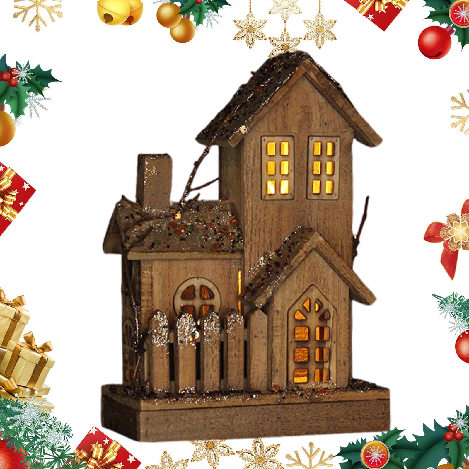 Statuetta della casa del villaggio di Natale, decorazione della casa di | Natale in legno - Statua della casa della figura illuminata in miniatura di Natale | fotografici ornamentali per la