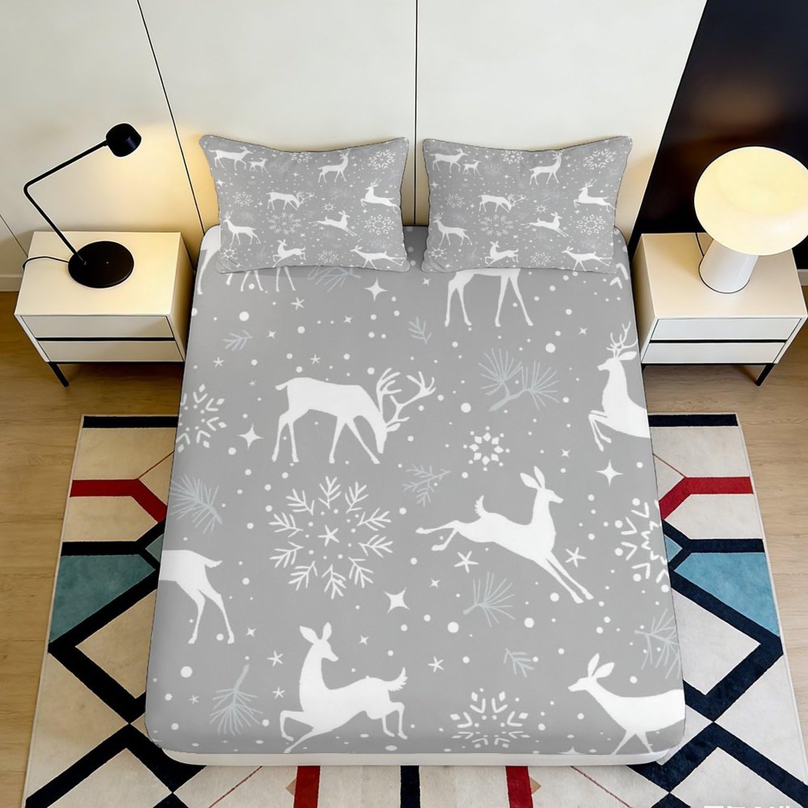 3D Printed Reindeer Snowflake Fitted Sheet Microfiber Non Slip Mattress Cover for Bedroom Guest Room Easy Care Grey 140x200x25cm