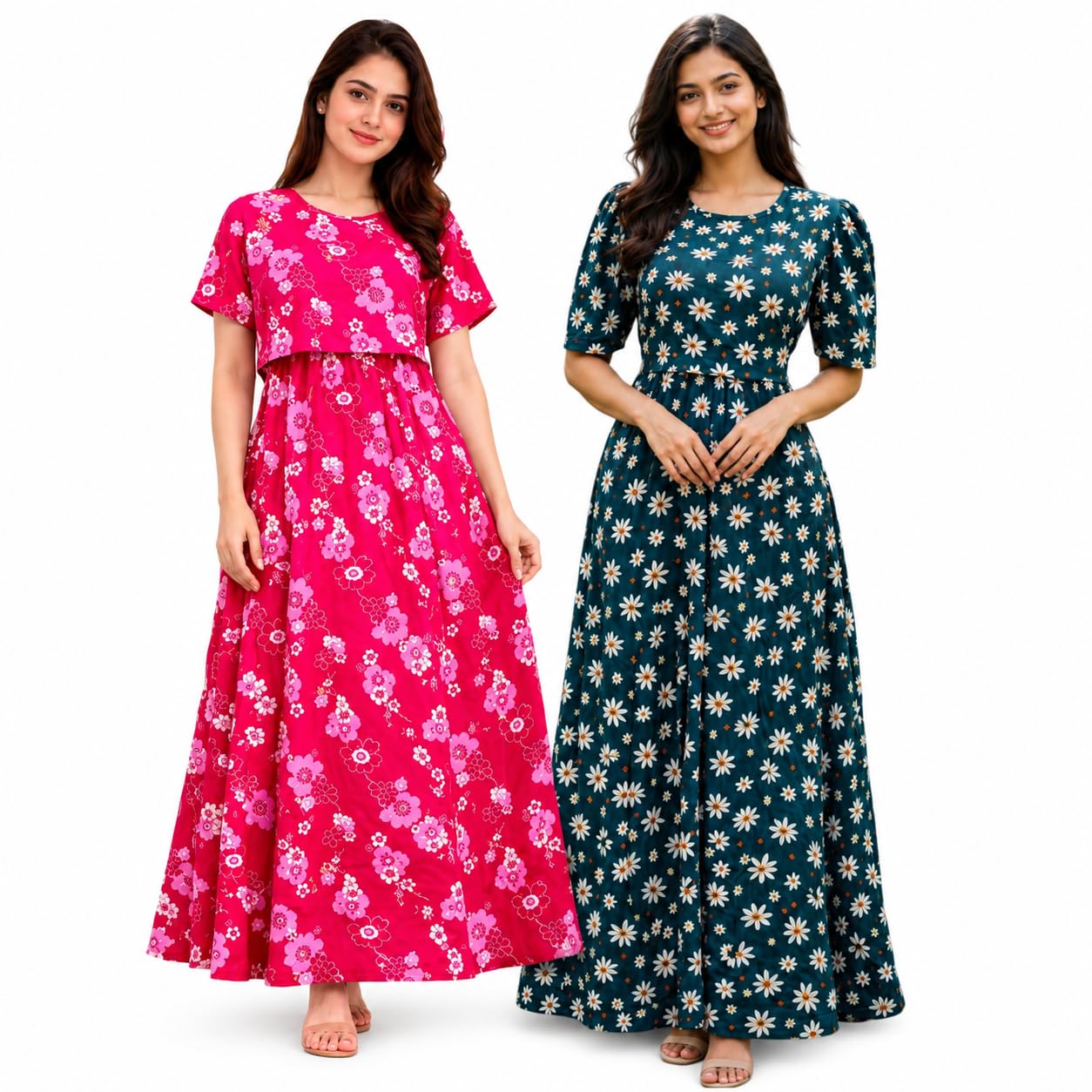 RENIS.Store Women's 100% Cotton Zipless Feeding Maternity Nighty Pack of 2 | Pull Up Nursing Night Dress | Soft Pregnancy & Feeding Wear | Pink Flower & Green Flower | Size-XL-picture-43
