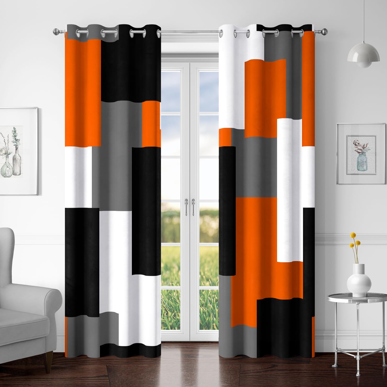 Tyrot Orange 100% Blackout Curtains for Bedroom 72 inch Length 2 Panels Set White Grey Modern Abstract Geometric Black Out Curtains Insulated Room