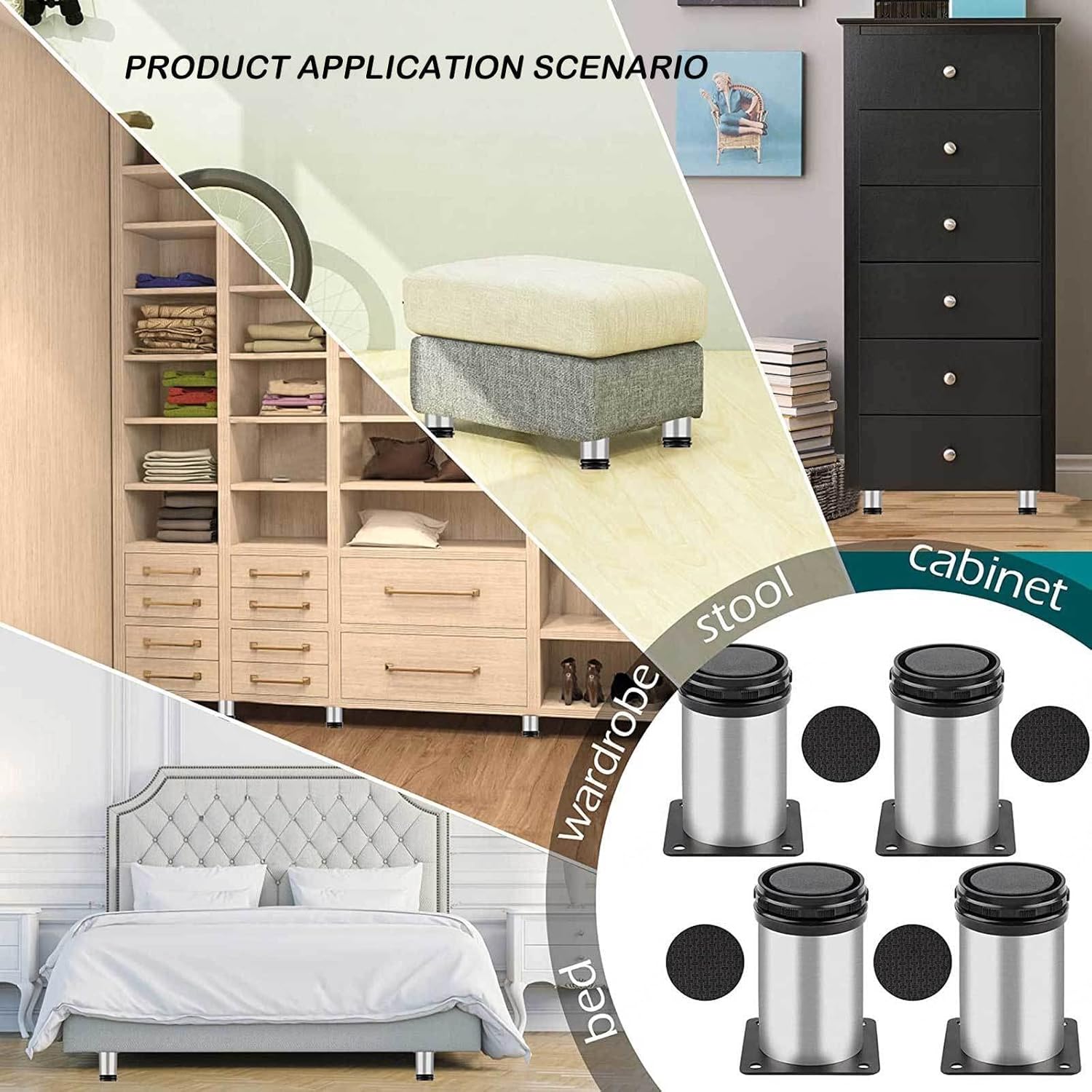 4 Pack Dining Table Legs Bed Adjustable Legs Table Support Rack Stainless Steel Adjustable Furniture Legs Cabinet Leg,80mm(3.15in) ()