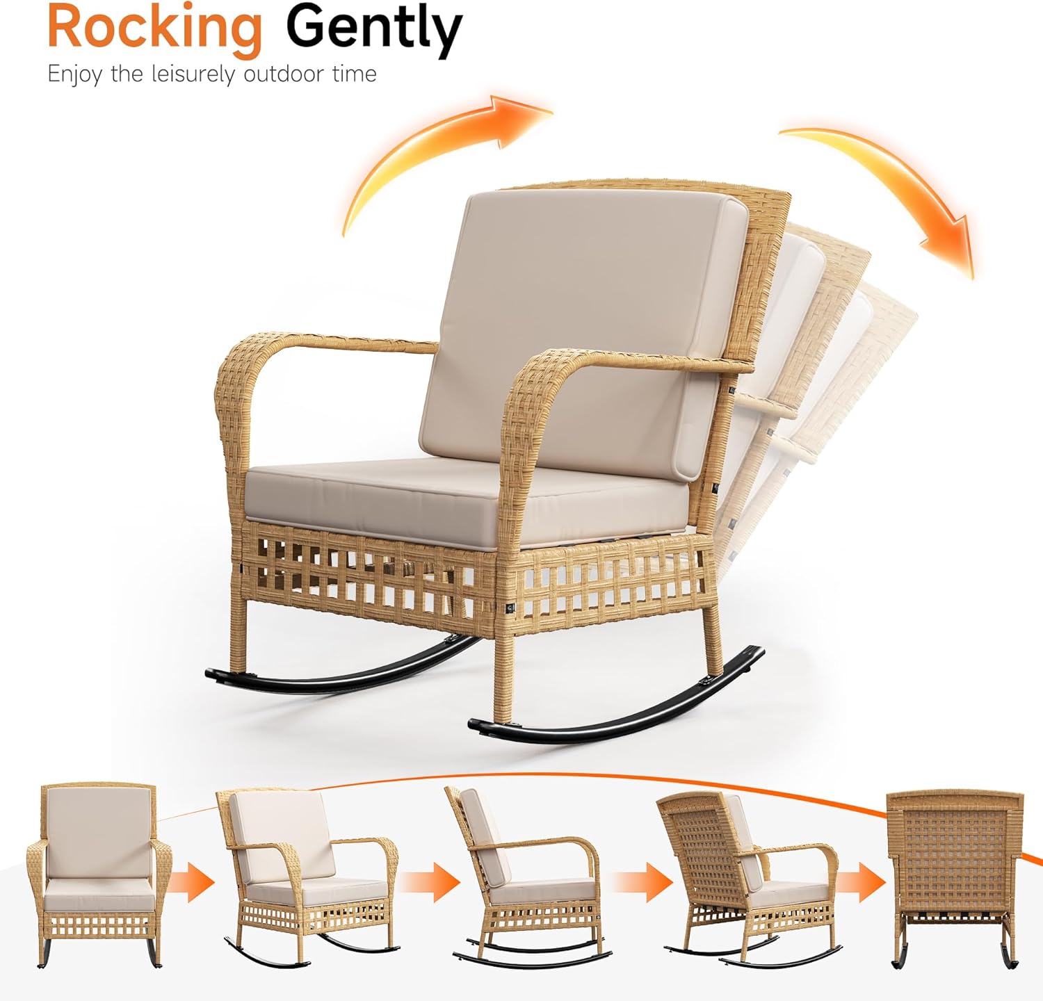 DECMICO Outdoor Rocking Chair, 3 Pieces Wicker Rocking Bistro Set with Rattan Table, Rattan Rocking Chairs with Washable Cushions, Outdoor Wicker Chair for Garden Backyard Porch Poolside