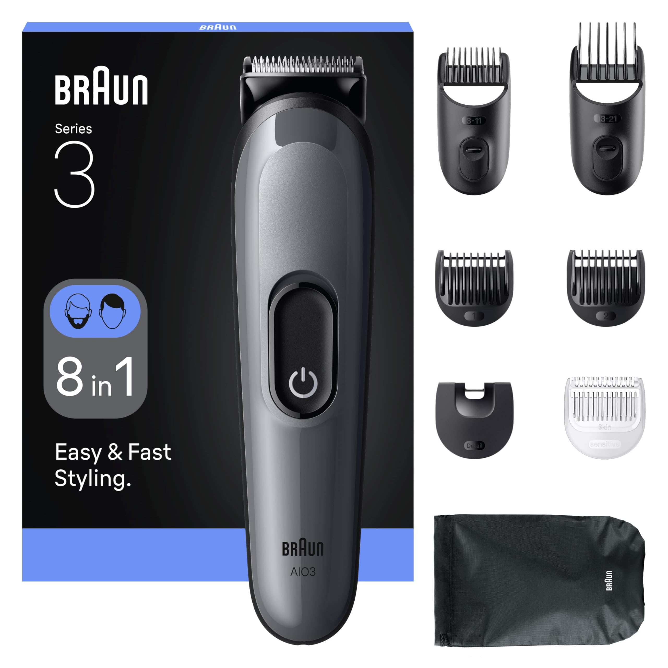 Braun Set Multifunzione Per La Cura Del Corpo 8 In 1, Lama Estremamente Affilata, 14 Impostazioni Di Lunghezza, Barba E Capelli, 50 Minuti, Styling Facile E Veloce, AIO3540, Grigio-image