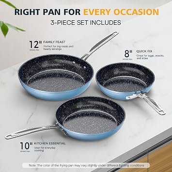 Nuwave 3-Piece 8, 10, 12 Forged Lightweight Frying Pan Set, G10 Healthy Duralon Blue Ceramic Ultra Non-Stick, Ergonomic Stay-Cool Handles, Induction-Ready & Works on All Cooktops