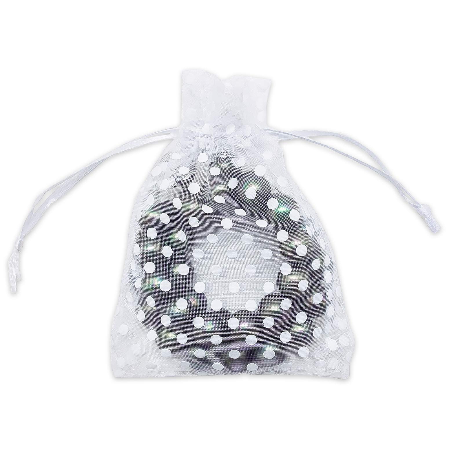 100-Pack 3x4 in Sheer Organza Gift Bags with Drawstring (Small) - Polka Dot (White/White) - for Wedding Party Favors, Treats Mesh Pouch by The Display