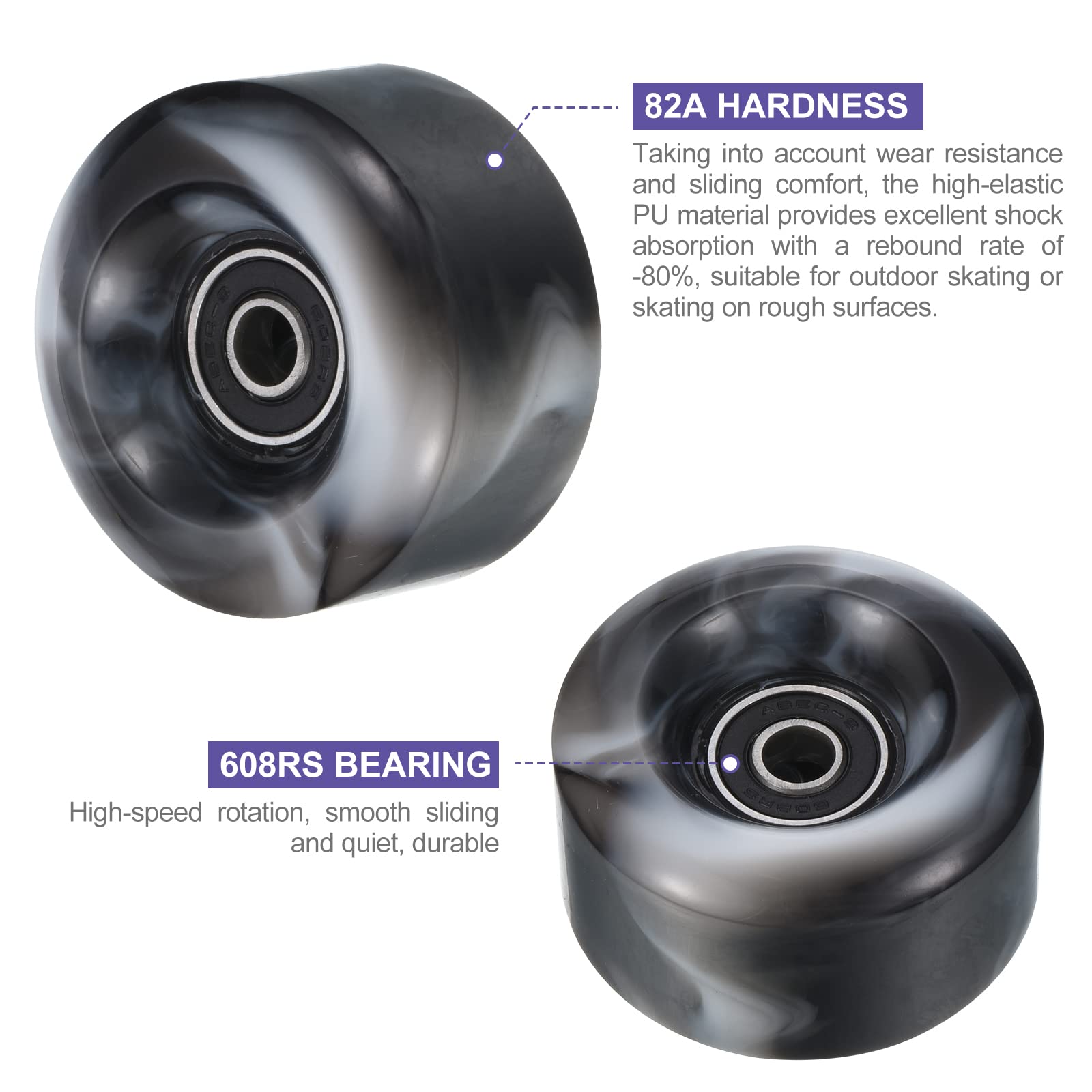 PATIKIL 8 Pack Roller Skate Wheels Outdoor 58mmx32mm Quad Roller Skate Wheels with ABEC-9 Bearing, 82A PU Roller Wheels & 2 Toe Stoppers for Double Row Skate Skateboard Indoor, Black White