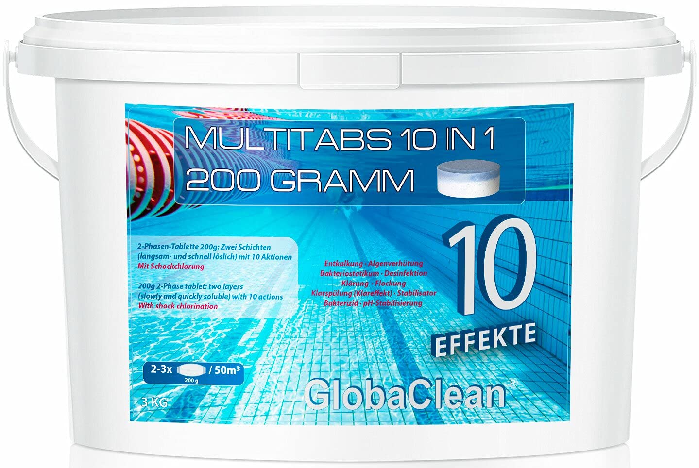 Chlor Multitabs 10 in 1 - Zwei Phasen Chlortabletten für Pool mit 10 Funktionen - Desinfektion von Poolwasser und Filter - 200g Tabletten im 3kg Eimer