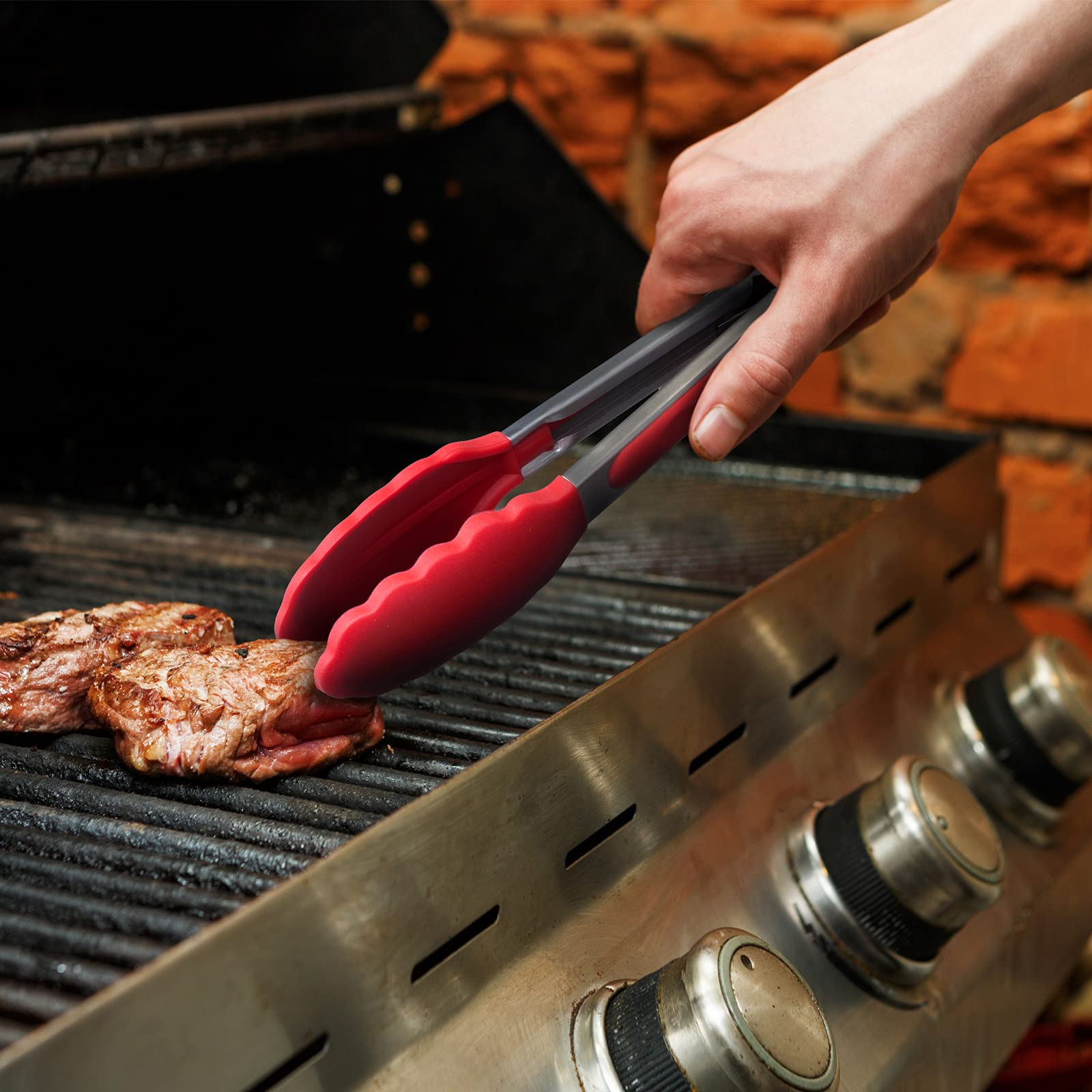 Paquete de 3 pinzas de cocina rojas, silicona premium, sin BPA, antiadherente, de acero inoxidable, para cocinar a la parrilla, pinzas de alimentos, 23,3 cm, 10 cm y 30,5 cm