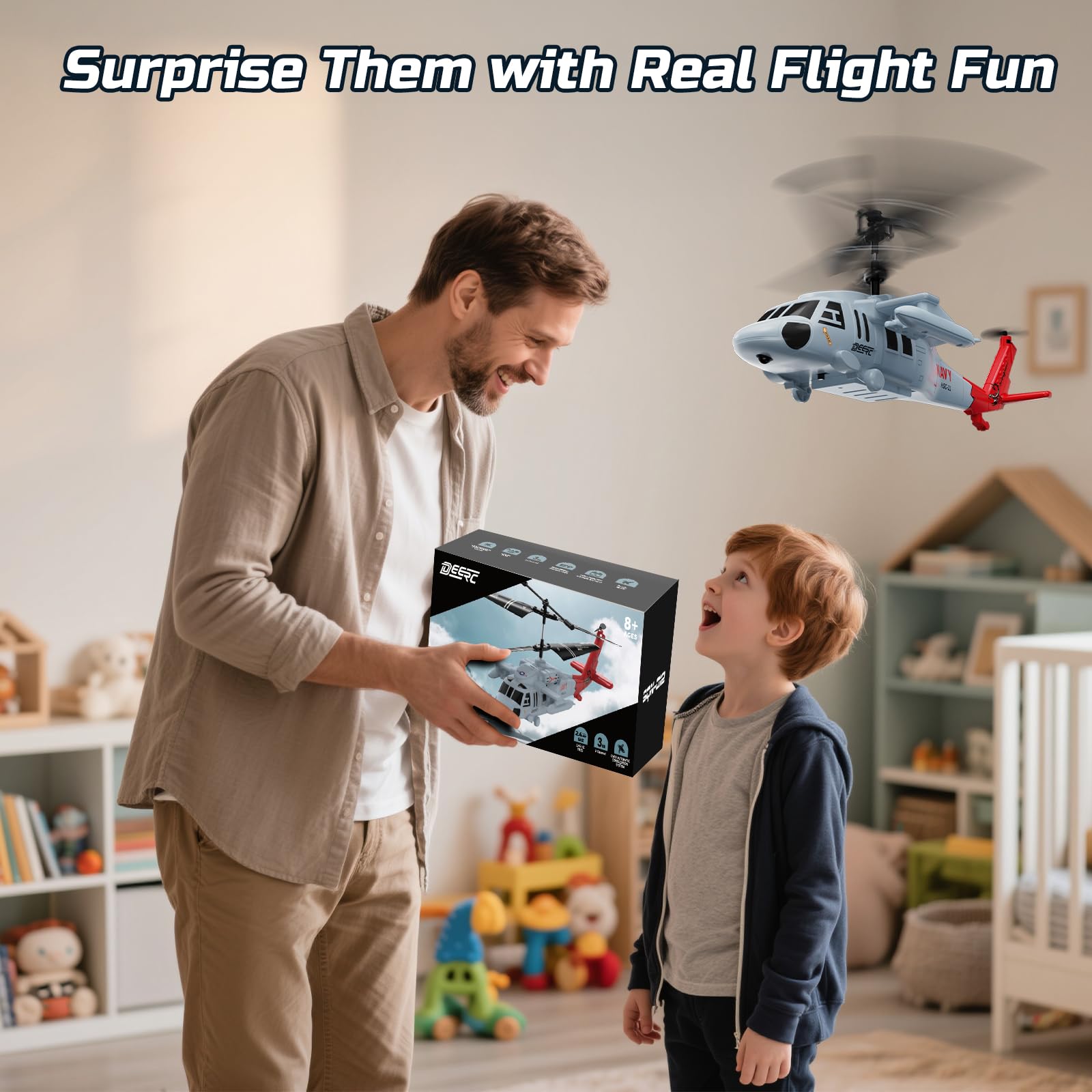 DEERC - Helicóptero teledirigido 2,4 GHz, 2 baterías incluidas, 26 minutos de vuelo, fácil despegue, iluminación LED, mantenimiento de altitud, juguete interior para niños y adultos
