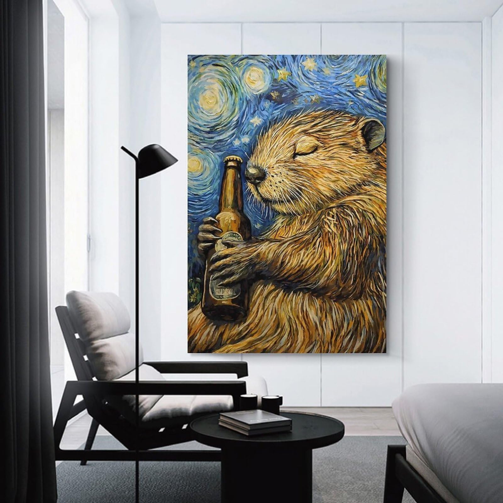 Junmoney Unframe-Style-14 Beaver Beer In Starry Night Canvas Wall Art 16X24inch(40X60cm), For Office Decor, Home Working Or Creative Rooms, Wall Art That Adds Style To Work Areas