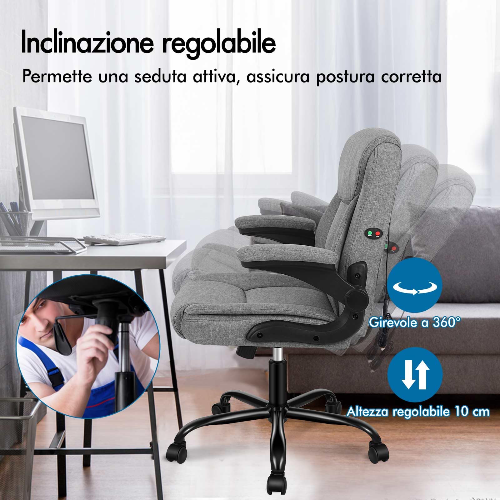 ALFORDSON Sedia Scrivania Ergonomica con Massaggio, Sedia Ufficio Poltrona Girevole ad Altezza Regolabile per Ufficio e Studio Sala Riunioni, Supporto Lombare, Portante di 150 kg, Tessuto(Grigia)