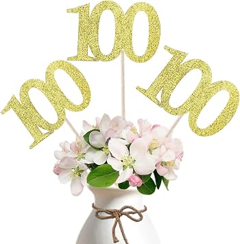 ALISSAR 10-Pack Double Sided Glitter Gold 100th Birthday Cake Topper, Table Topper Decorations for Party | Pre-assembled gold 100 sticks for vases, party tables, vases, cakes, dessert tables and party displays