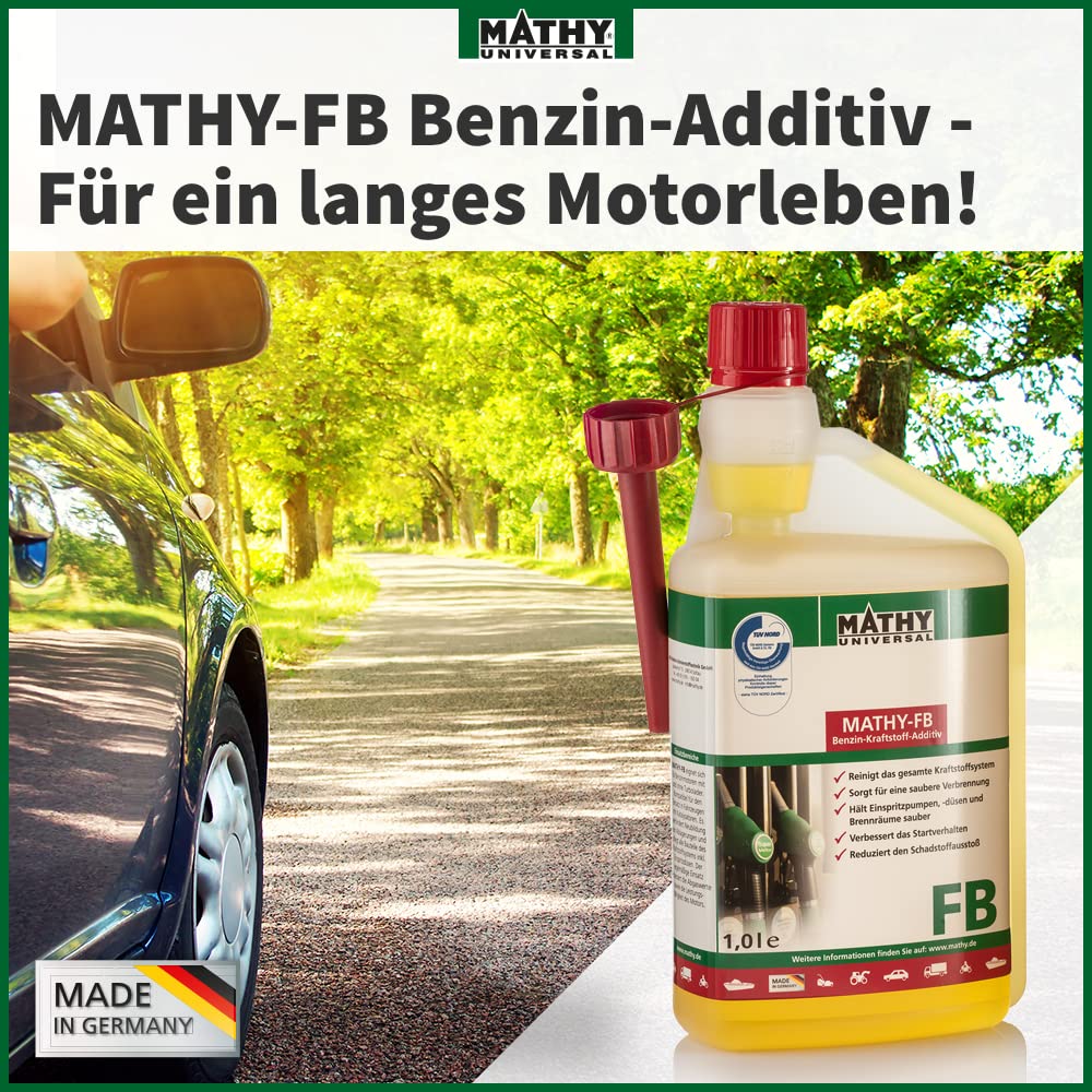 MATHY-FB Benzin-Pflege-Kraftstoffadditiv, 1 Liter, Additiv Systemreiniger | Benzinadditiv & Kraftstoffstabilisator, Hochkonzentrierte Reinigung für Benzinmotor, Reiniger bei jeder Tankfüllung