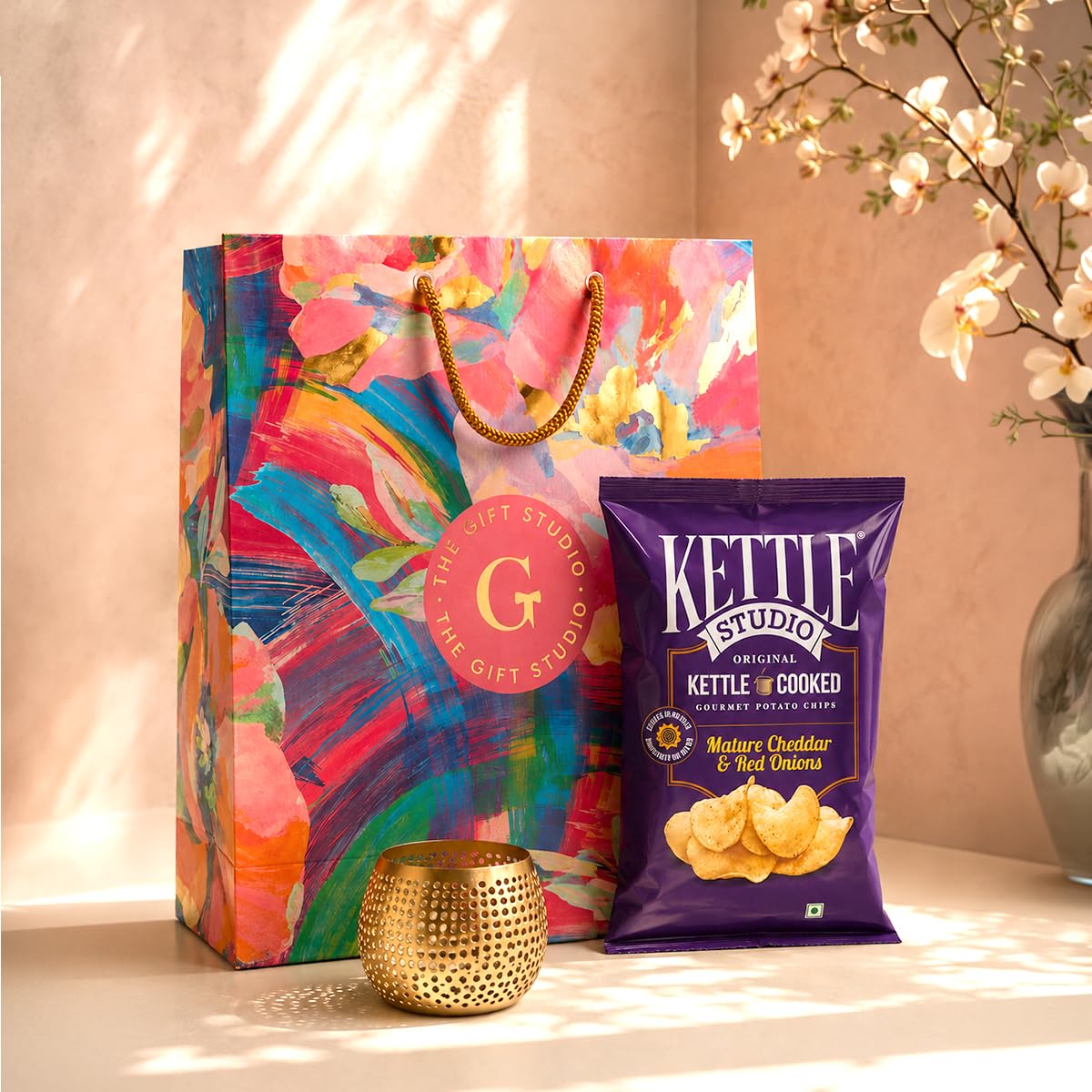 THE GIFT STUDIO.COM | Serenity T-Light Rakhi Gift Set | Serenity T-Light, Cheddar Chips & Floral Gift Bag | Raksha Bandhan Gift-image-10