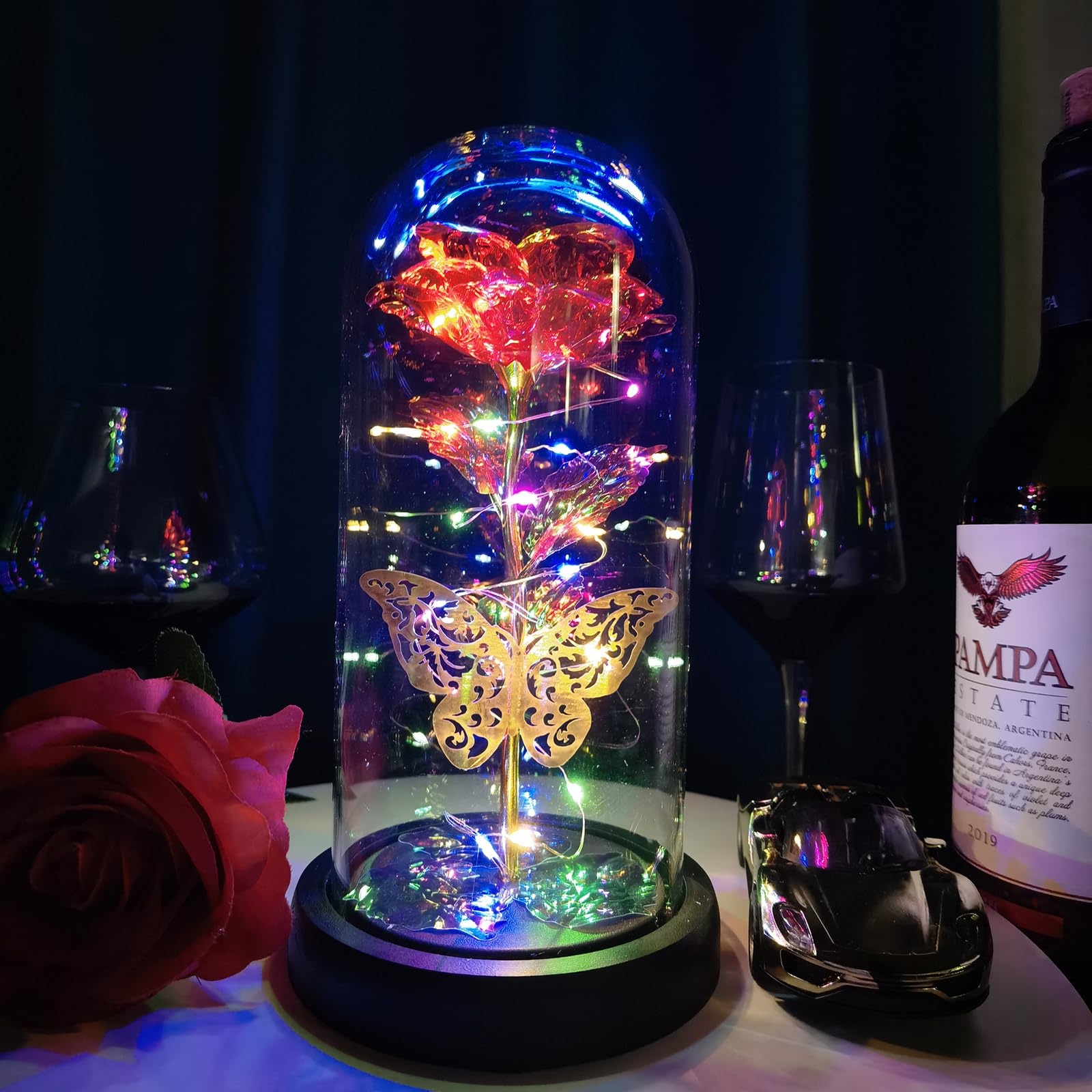 HFHungkeong Regalo per la mamma Galaxy Rainbow Rose Flower Artificial Flower Glass Dome Butterfly Rose Ladies Regalo di compleanno Fidanzata Nonna Amici Sorella Figlia Insegnante Regalo di San