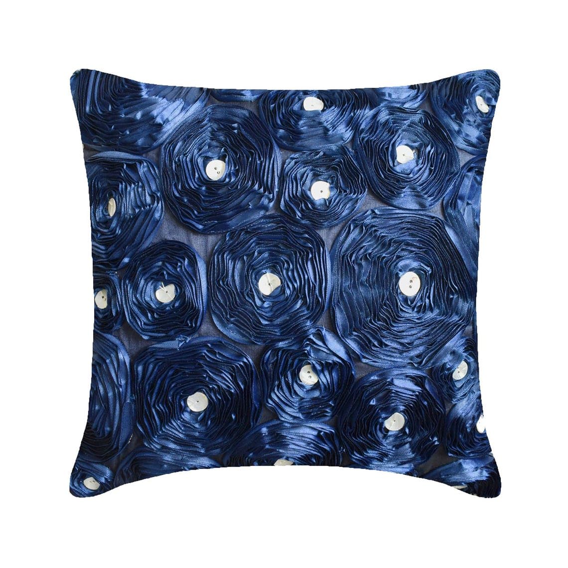 The HomeCentric Navy Blue Cushions Cover Ribbon Navy Blue Rose Pack of 2, 45x45 cm (18"x18") Square Silk Cushions Cover Floral Modern Throw Cushions Cover Contemporary - Navy Paradise โ image 1
