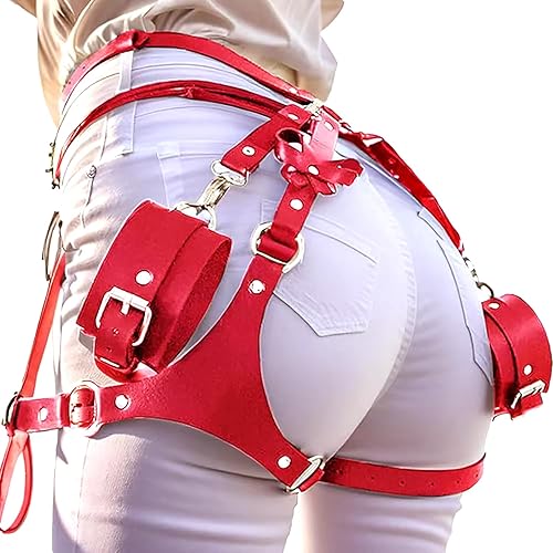 BAQOEYII Punk Leather Thigh Straps,Punk Leather Thigh Harness,Red Waist Chain Belt for Halloween Christmas Gothic Nightclub Dress