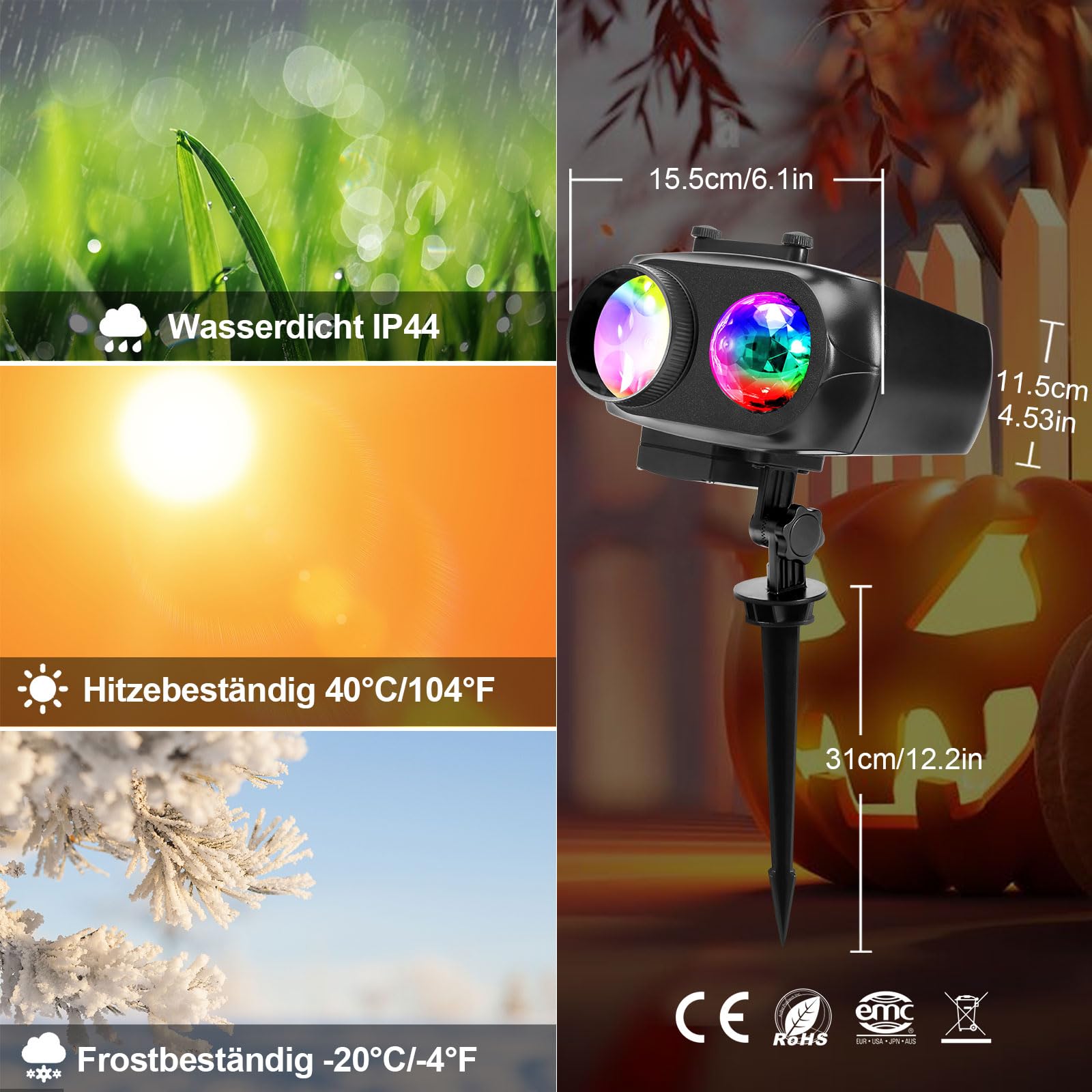 2024 Halloween Weihnachten Projektor Christmas Projector für Außen Innen LED Projektionslampe IP44 Projektorlampe 12 Folien 96 Muster 10 Welleneffekt für Weihnacht Allerheiligen Party Fest