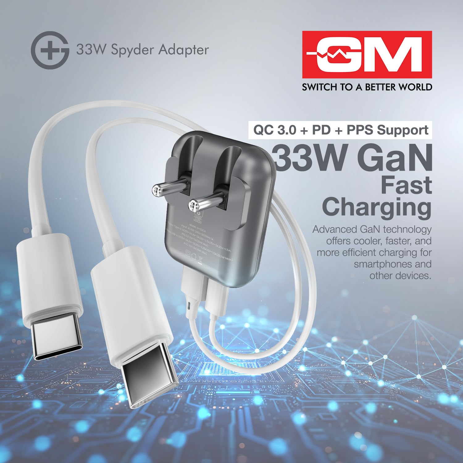 GM G+ 33W Spyder GaN Charger | Foldable Indian Pin | Travel Friendly | Type-C & USB-A Port | Advanced Protection for iPhone, Samsung, Pixel Series, Tablets, Macbook M1 |1 Year Warranty (Electric Grey) — Amazon image 6