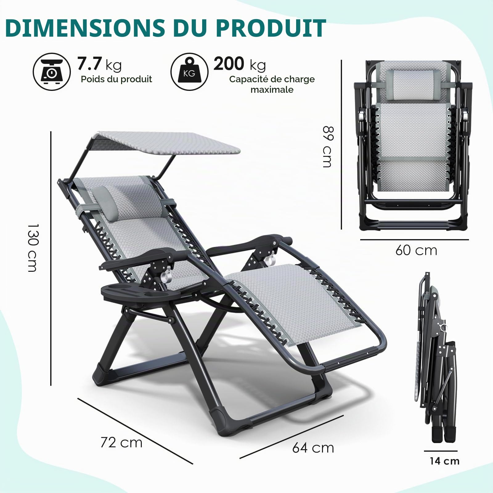 ATORPOK SHOP Chaise longue pliante avec toit pare-soleil, appui-tête et porte-gobelet pour jardin, piscine et plage (gris)