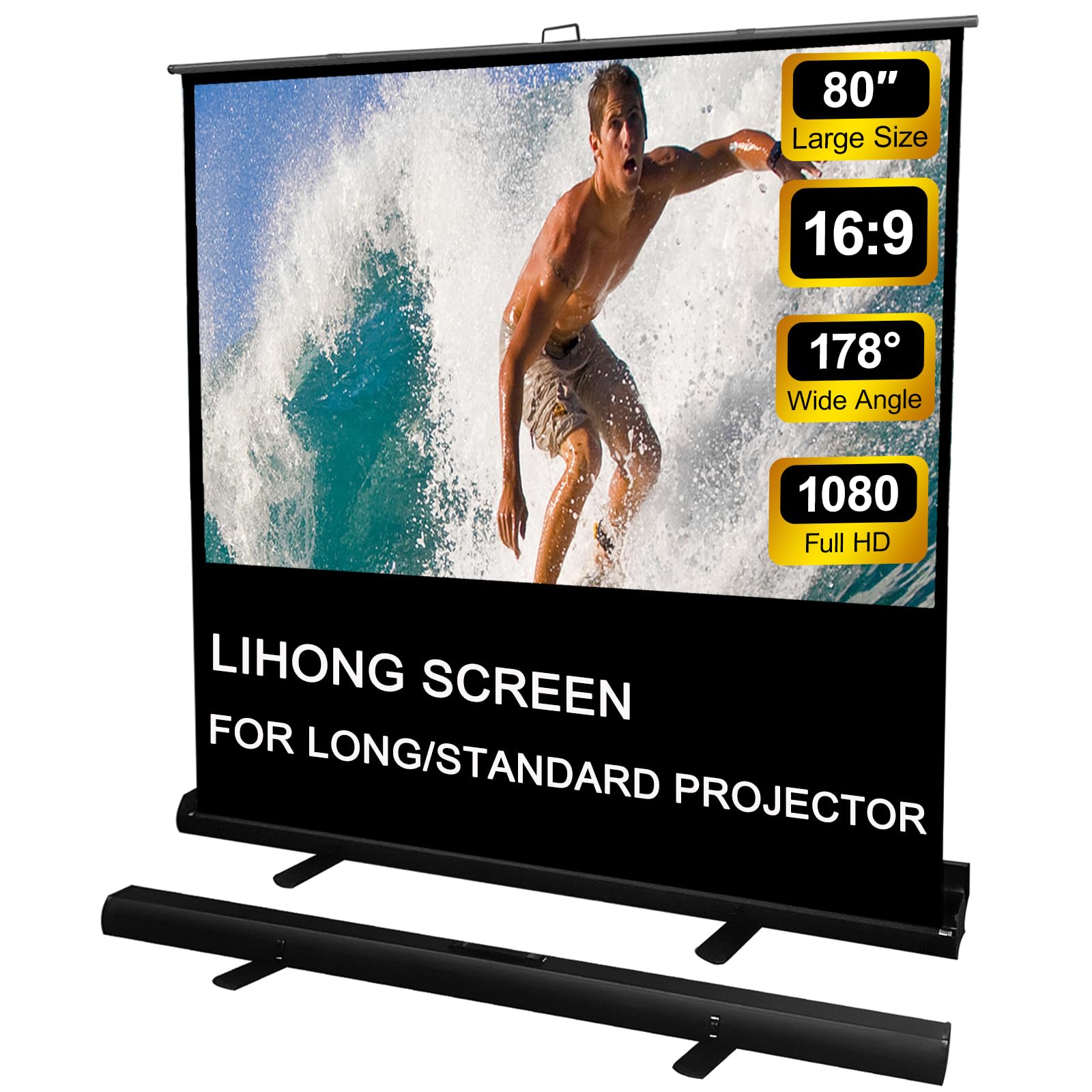 Photo 1 of LIHONG Screen 80 inch 16:9 Manual Floor Rising Pull Up Projector Screen Portable Indoor & Outdoor 4K HD Matte White for Long Standard Projection Fast Setup for Home Theater Movies,Classroom,Office