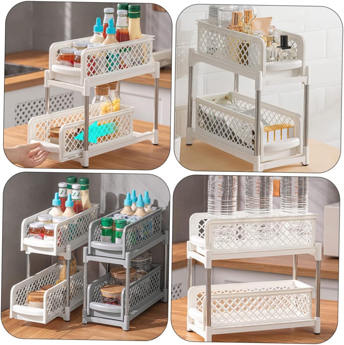 Multi-Function Dual-Layer Under Sink Organizer White Bathroom Countertop Storage Shelf Detachable Tray for Kitchen and Restroom Supplies