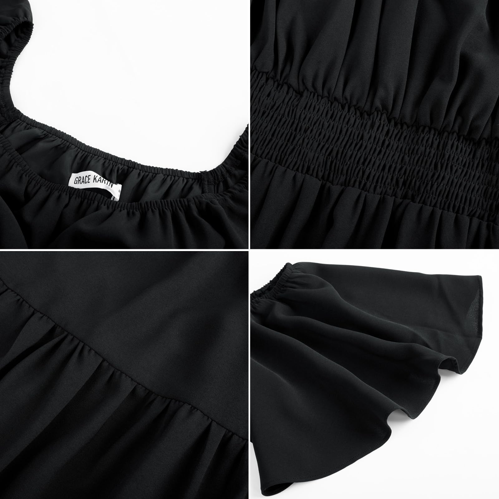 GRACE KARIN Robe Longue Élégante Femme Col Carré Manches Courtes Volantées Taille Smockée Robe d'Été A-Line Noir S