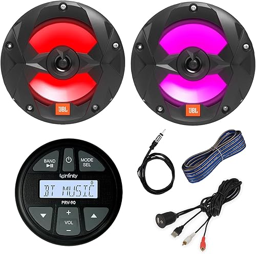 Infinity Marine Gauge Style AMFM Bluetooth AUXUSB Receptor estéreo, par (2) altavoces de barco de doble cono negro de 6.5 pulgadas y 180 W, montaje