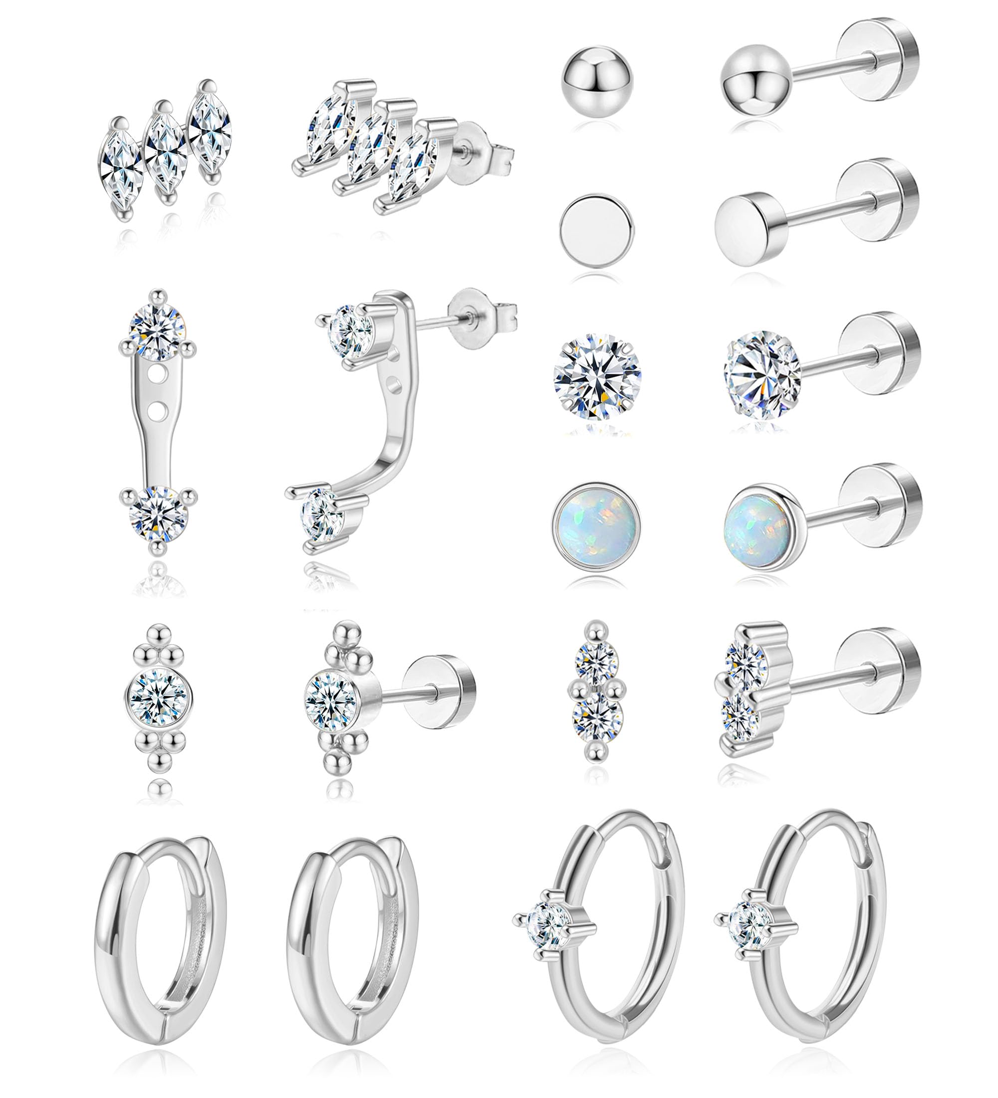 Staligue 21 Pairs Surgical Steel Flat Back Earrings Set for Women Men Hypoallergenic 20G Stainless Steel Stud and Hoops Earrings for Sensitive Ears