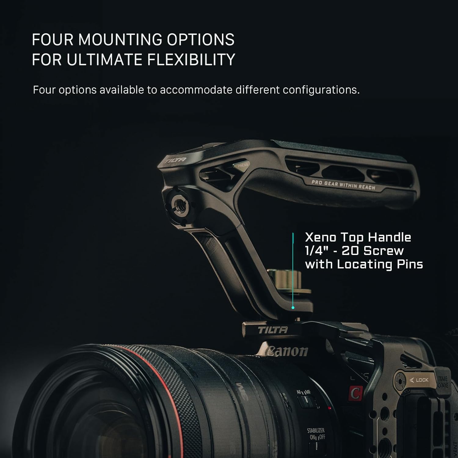 Tilta Xeno Top Handle for Filmmakers & Cameras - Black | Aluminum Alloy and Silicone Build | 1/4″-20 and 3/8″-16 Threads w/Locating Points | Safety Release Pin | Comfortable Handling (Cold Shoe)