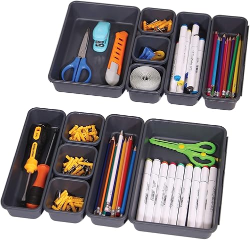 Juego de 12 separadores de cajones de escritorio entrelazados, separadores de cajones estrechos de plástico, separadores y contenedores de