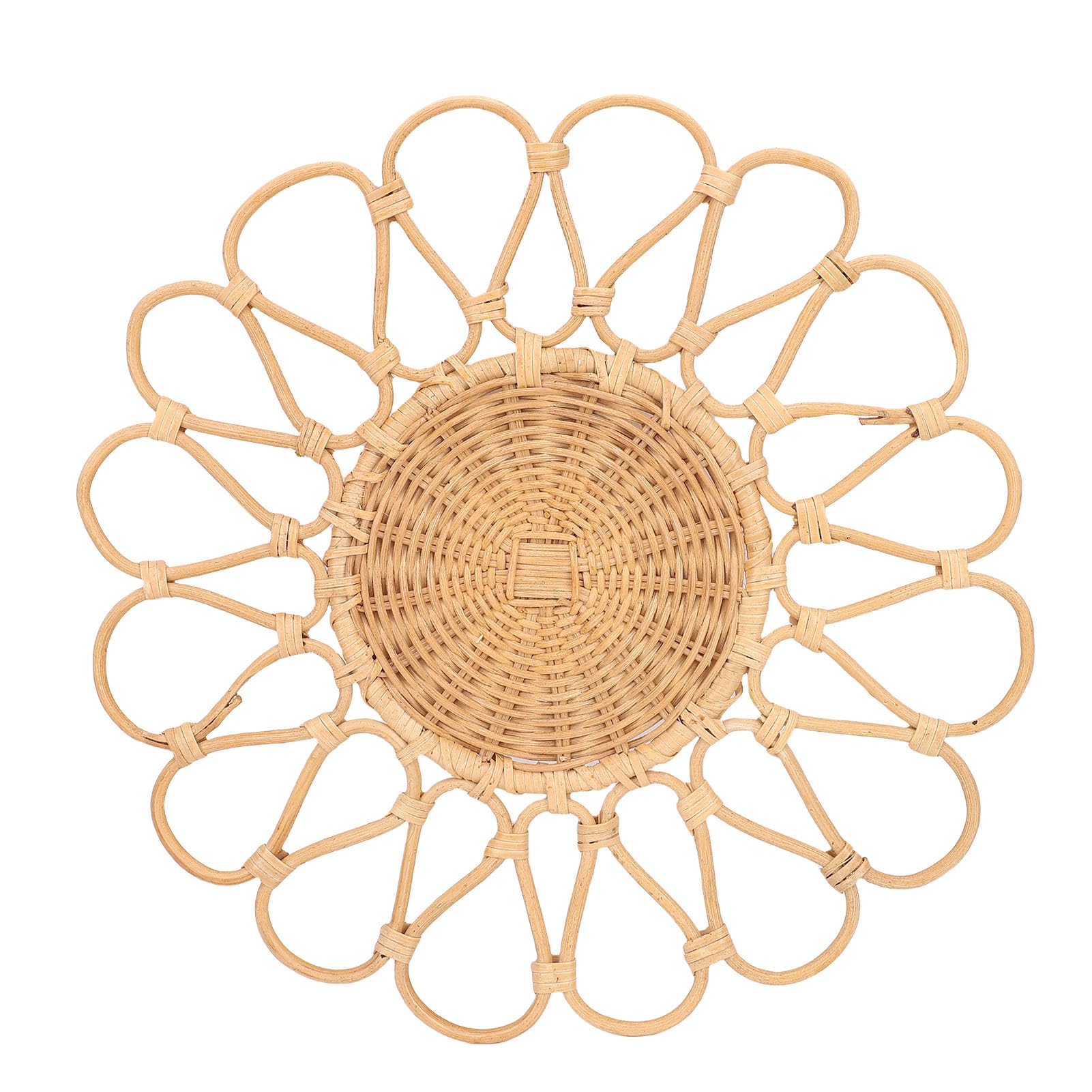 Yongxinmy #5 Rattan Placemat Wall Art - Japanese Boho Handwoven Hollow Round Fruit Snack Tray Natural Wicker Pastry Bread Basket Decorative Plate For Home Café Farmhouse Display (#5)