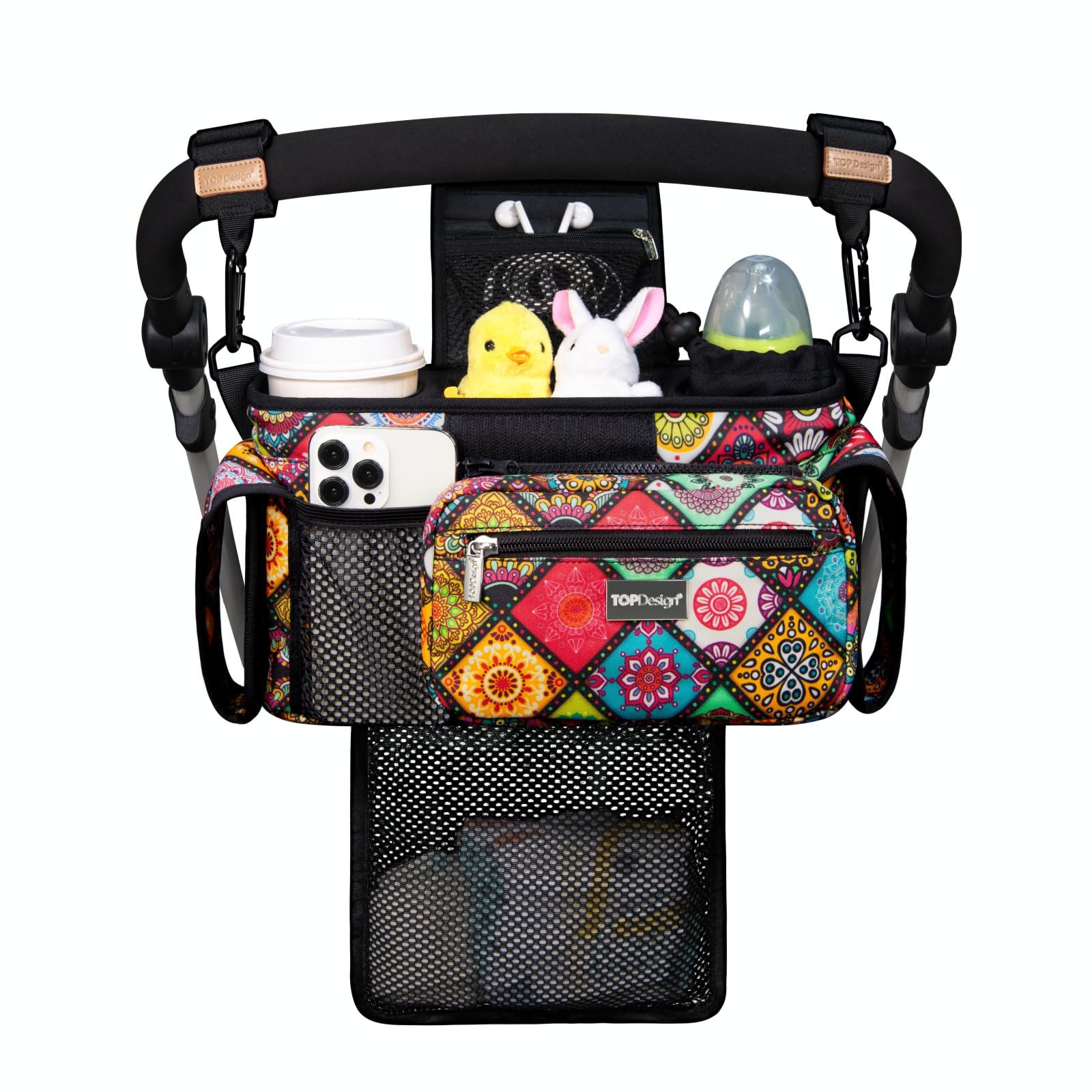 TOPDesign Universal Baby Stroller Organizer, Stroller Caddy with Detachable Mesh Bag & Heightened Insulated Cup Holders & Non-Slip Secure Hooks