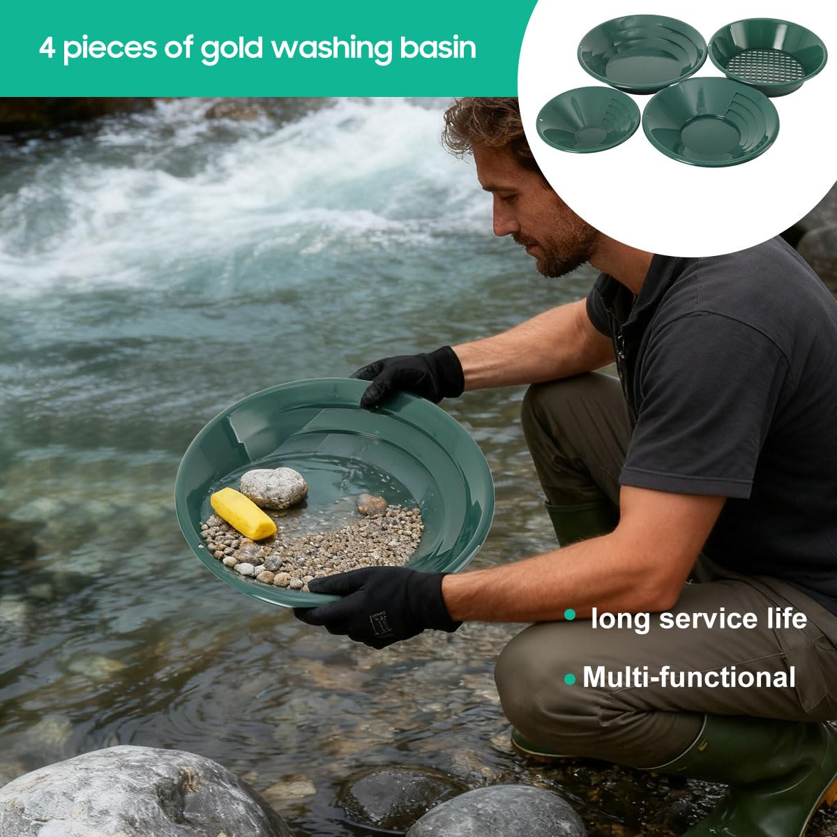 Set di 4 Padelle per L'Oro, Bacino per Ricerca Oro, Pans Setaccio Accessori, per la Ricerca di Oro Alluvionale, Geologia e Hobbisti,Kit per la Ricerca Dell'oro Composto da 4 Misure