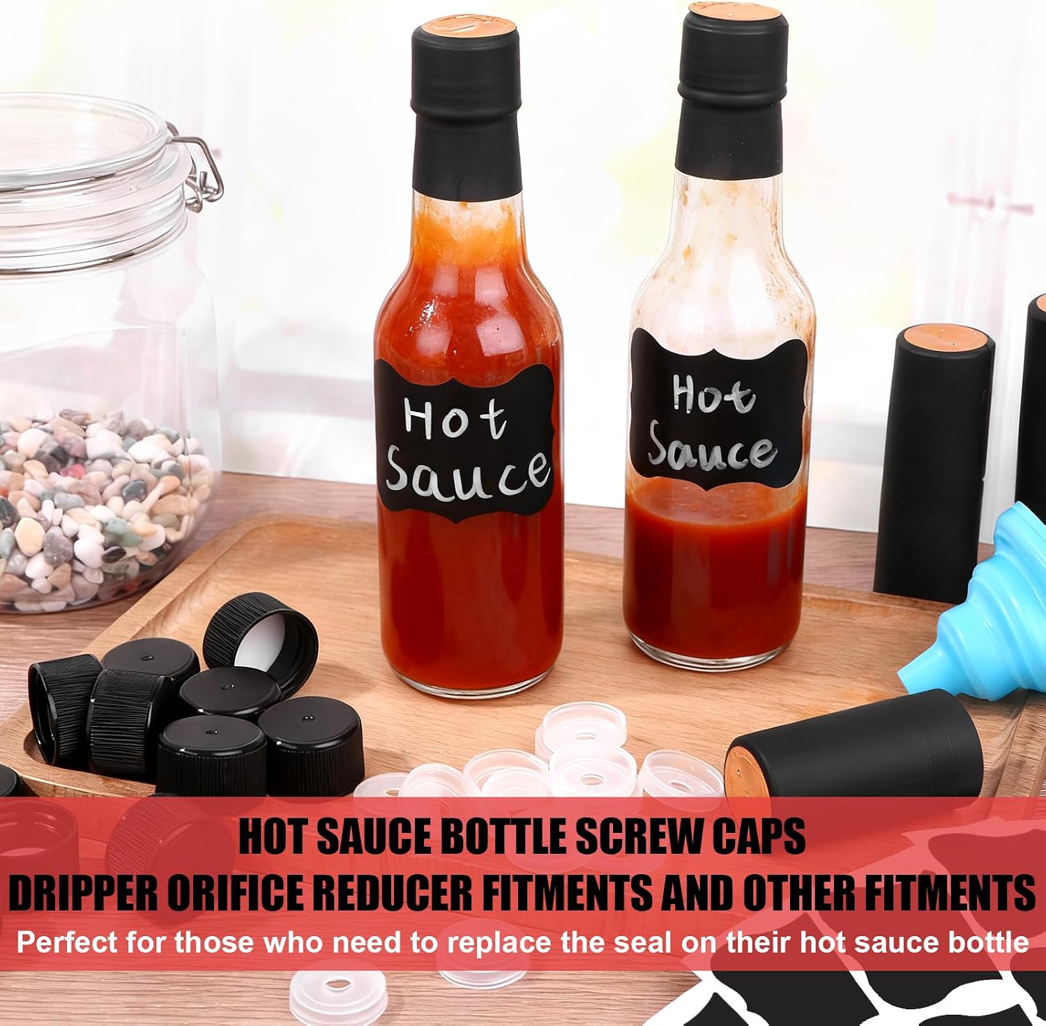100Pack-402Pcs Leak-Proof Black Screw Caps Orifice Reducer Screw Caps Shrink Capsules Bands,Labels,Silicone Collapsible Funnel,Marker for Homemade Hot Sauce Bottles 5oz Oils DIY Crafts