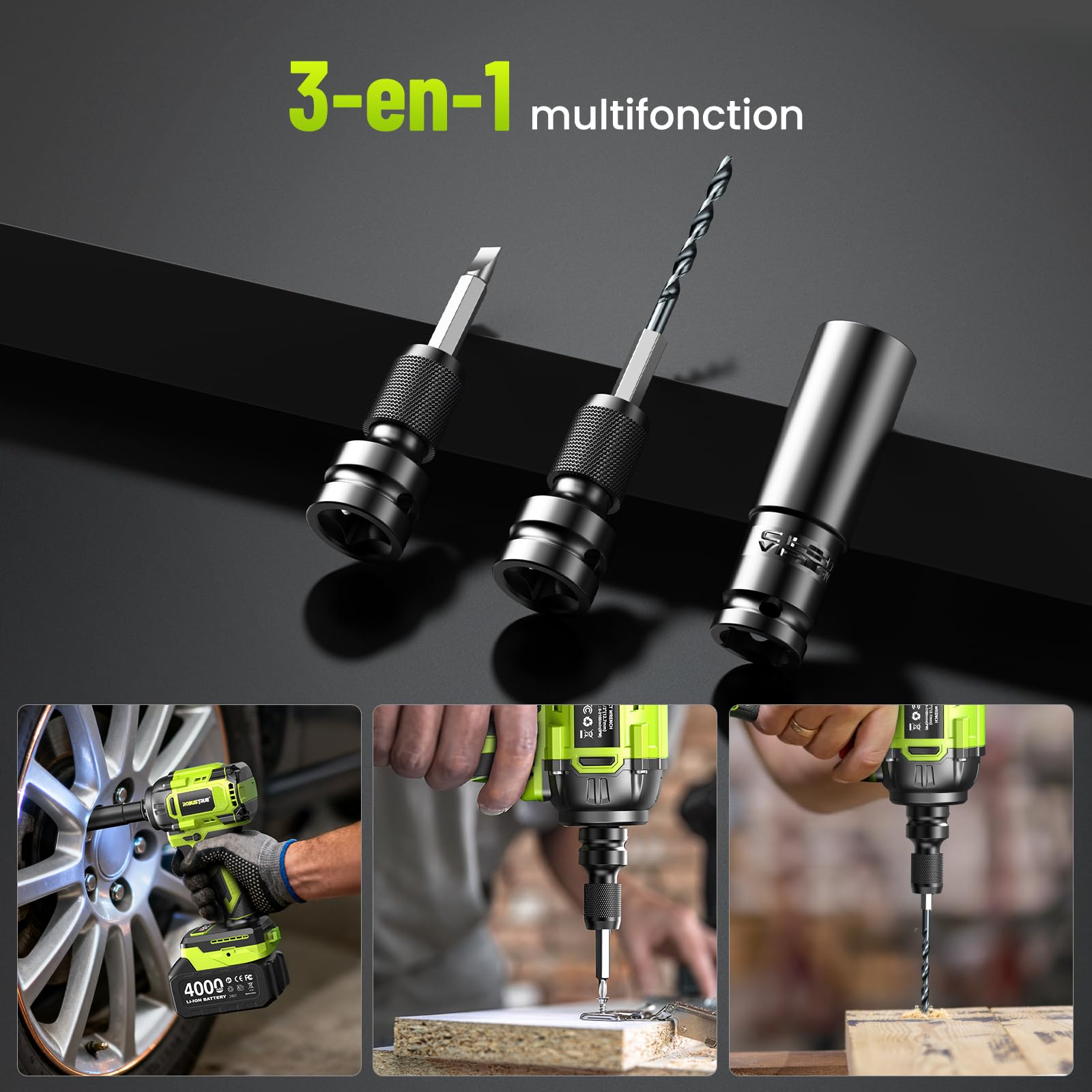 Robustrue 800 N·m clé à choc sans fil 1/2", moteur sans balais à couple élevé, vitesse jusqu’à 2800 tr/min, 2 batteries 4,0Ah avec chargeur, 4 douilles, idéale pour voiture et usage domestique