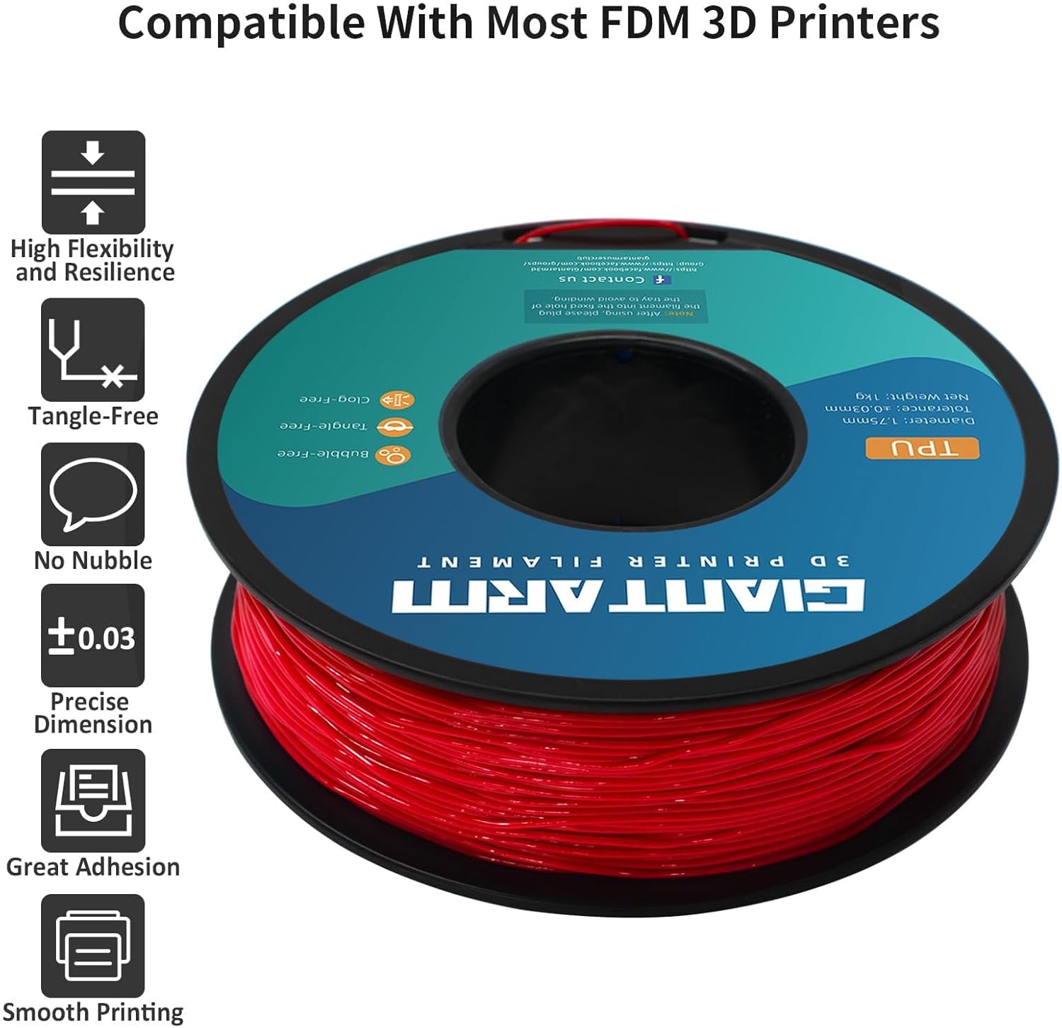 GIANTARM TPU Filament, 2pcs Red 3D Printer Filament 1.75mm,95A Flexible Soft PLA Filament,Dimensional Accuracy +/- 0.03, 1kg Spool(2.2 lbs), Suitable for Most FDM 3D Printers
