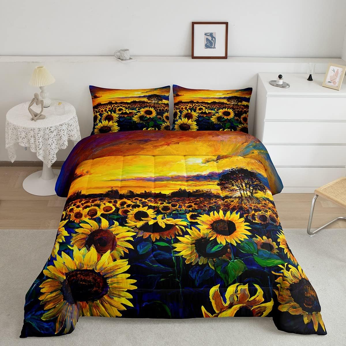 Sunflowers Comforter Set Floral Print Bedding Set Yellow Flowers Pattern Comforter Sunflowers Oil Painting Quilted Duvet Set for Adults and Teens Microfiber Queen Multi 35 Queen