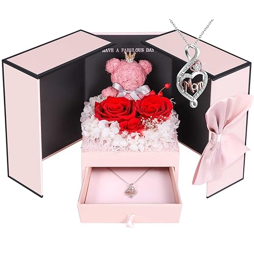 ADDWel Unique Christmas Roses Gifts for Mom - Preserved Red Roses with 925 Sterling Silver Mom Necklace, Xmas Presents for Mother from Daughter Son