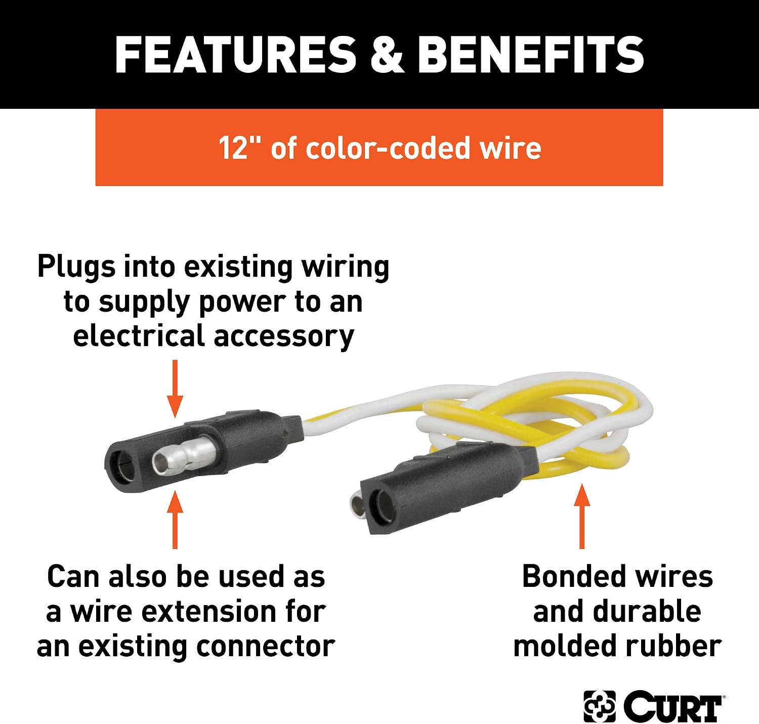 CURT 58020 2-Pin Flat Wiring Harness with 12-Inch Wires