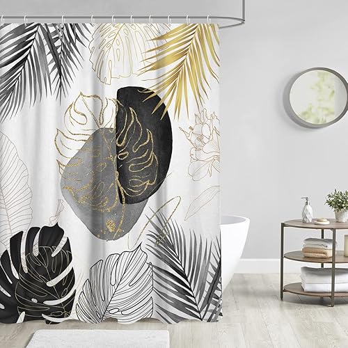 Miniatura 2 de AAtter Cortina de ducha bohemia, negra, dorada, blanca, moderna, abstracta, gris, gris, arte de mediados de siglo, estética, bohemia, geométrica,