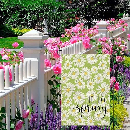 Miniatura 4 de CROWNED BEAUTY Bandera de jardín con texto en inglés Hello Spring de 12 x 18 pulgadas, de doble cara, pequeña de arpillera de temporada, para patio