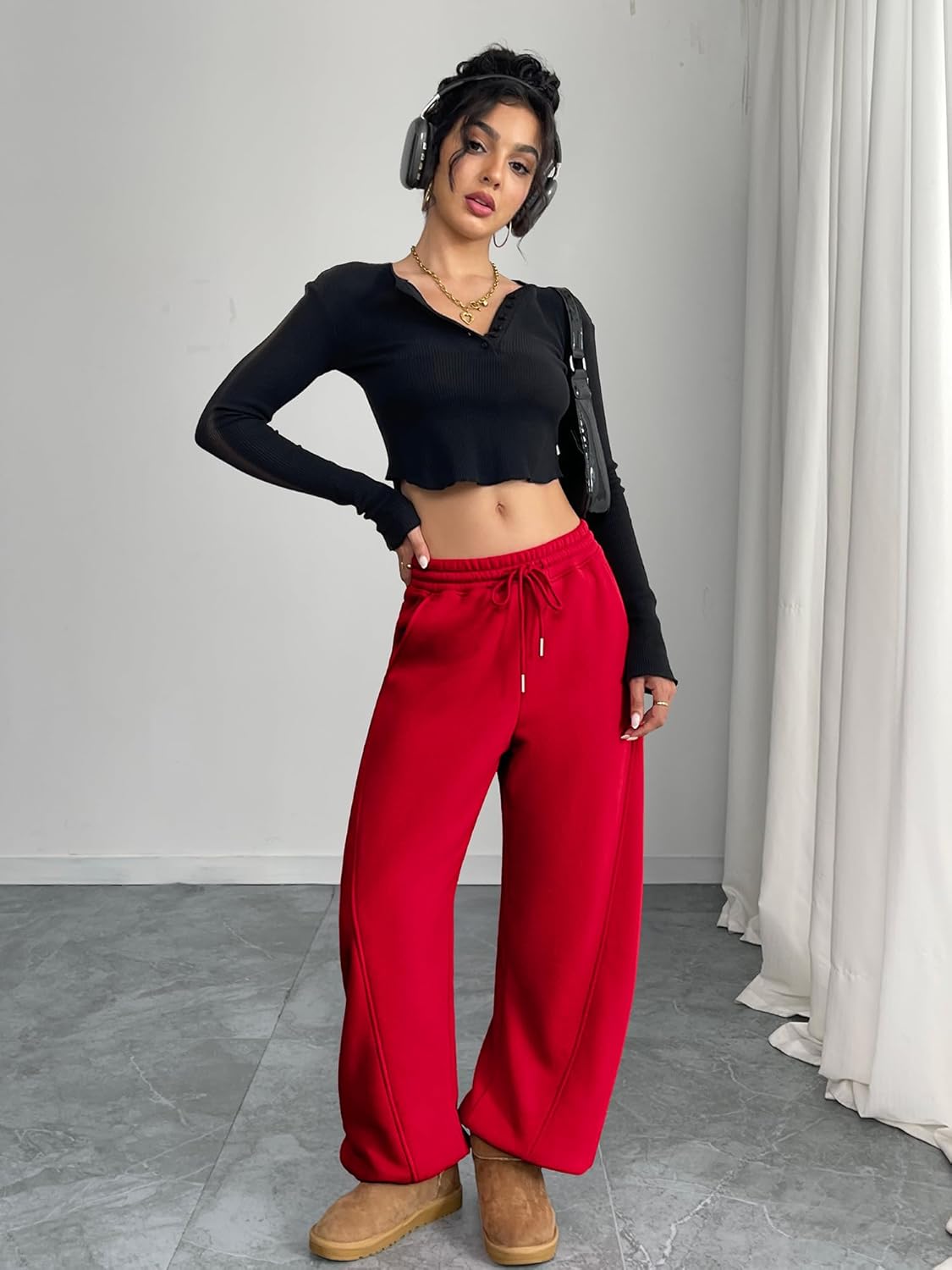 ELLEVEN Women's Fleece-Lined Barrel Leg Sweatpants Pants Casual with Adjustable Ankle Drawstring & Pockets - Image 5