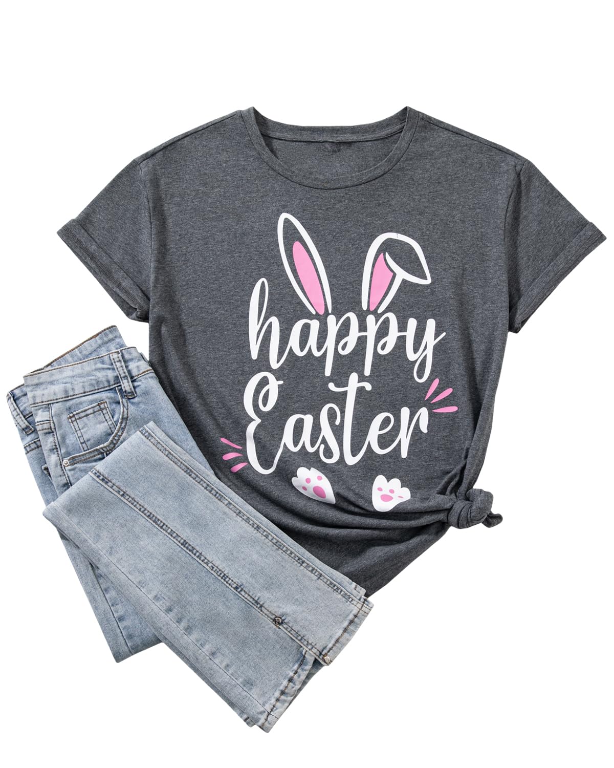 Women Happy Easter T Shirt Bunny Rabbit Short Sleeve Tops