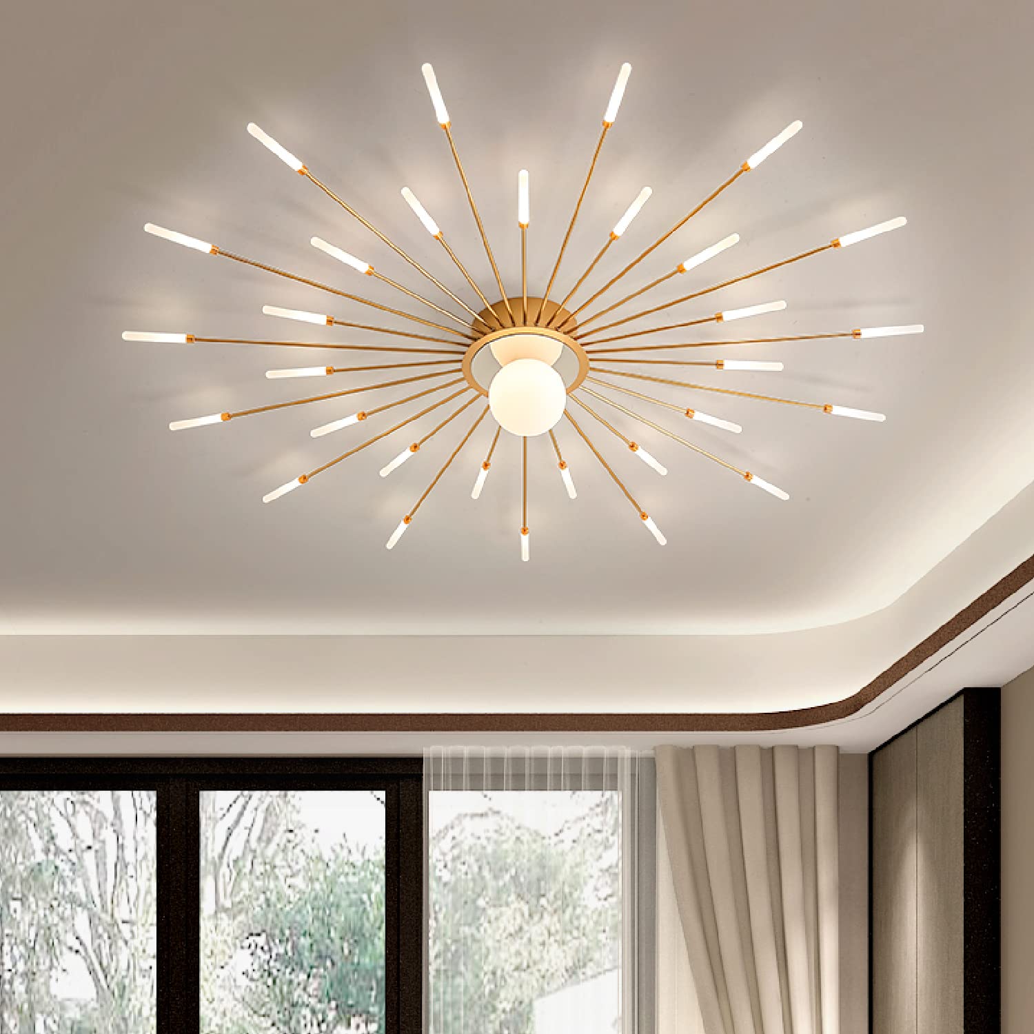 Modern LED Chandelier Lighting Fixture - Semi Flush Mount Ceiling Light for 35W Up to 2600 Lume - Flowery Shape Hanging Lamp with 31 Light Sources - 4000K - Orange Bronze