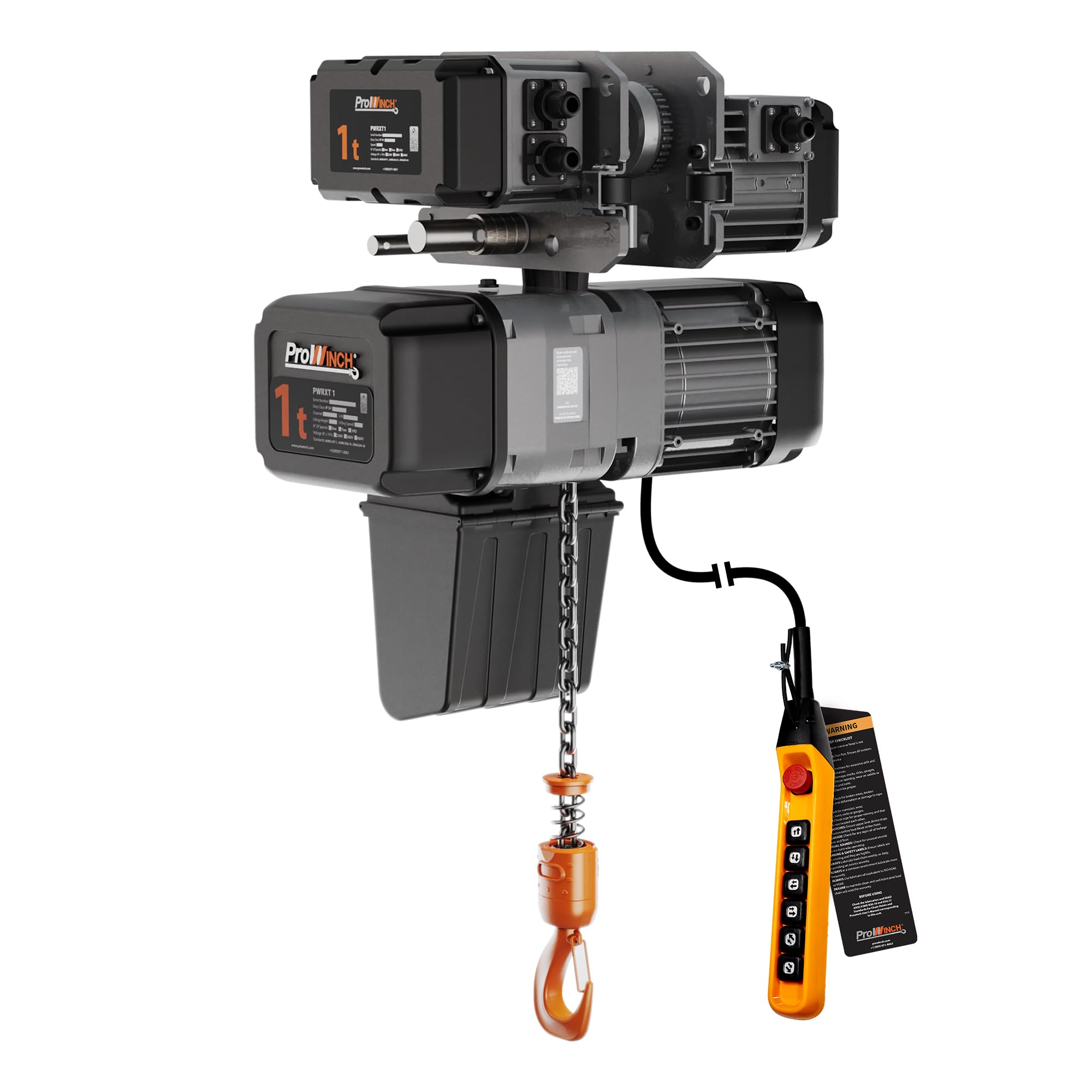 Prowinch 1 Ton Electric Chain Hoist with Power Trolley and Dual Speed Control, Operating at 208~240V / 440~480V, 3-Phase, 60Hz, Featuring a 20ft G100 Nickel Chain and Heavy-Duty