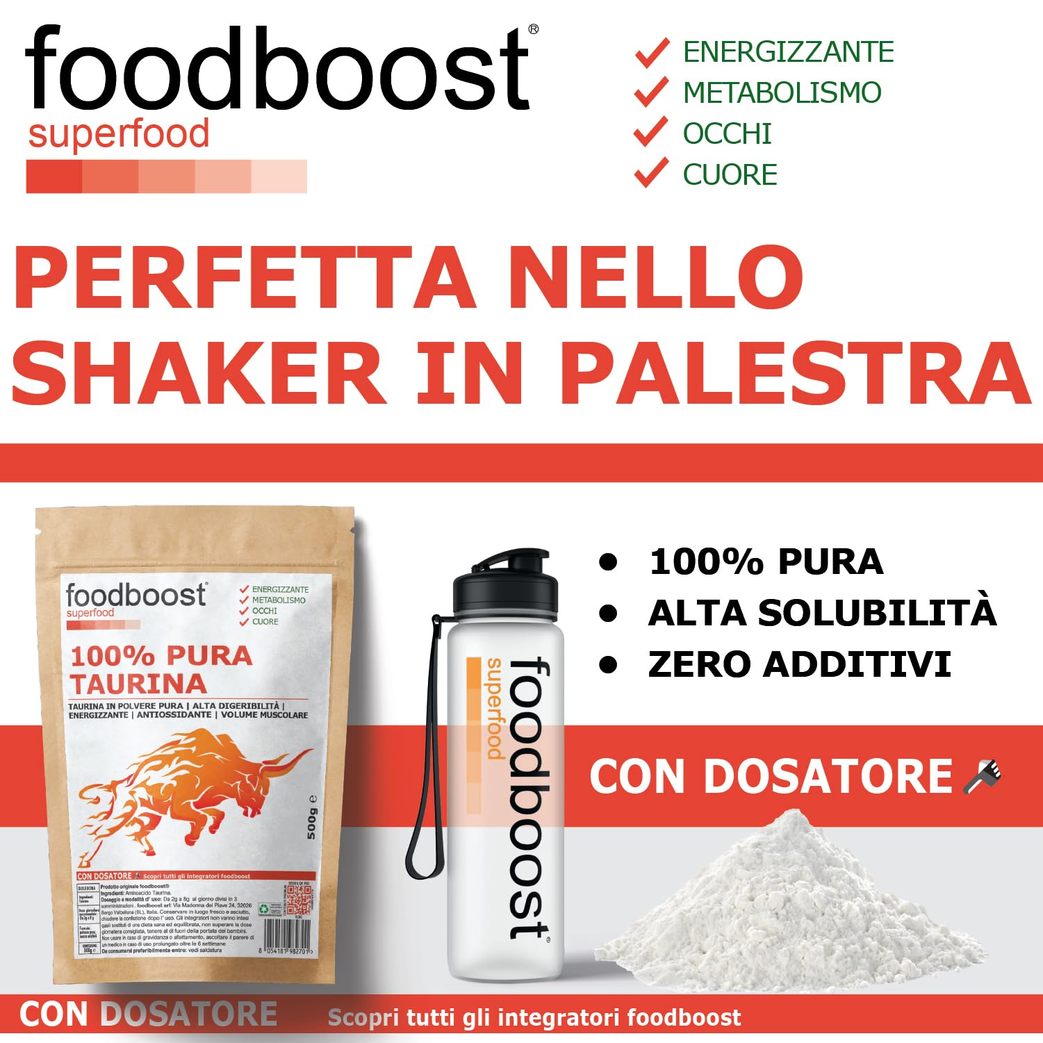 Taurina pura in polvere 500 g foodboost - Ø additivi, dosatore - ipertrofia muscolare - libido - vista, marchio di fiducia italiano, integratore taurina pre workout/post workout - 500 DOSI