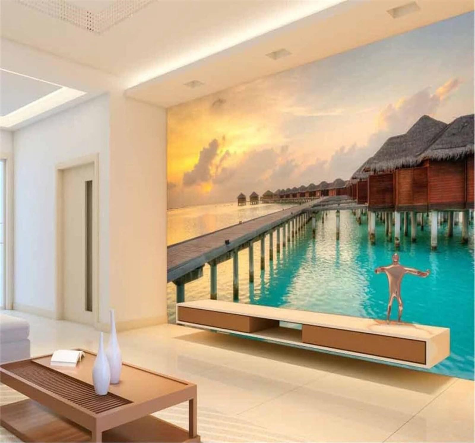 Wallpaper-3D-Xlm 430Cm×300Cm(B×H) Beautiful Sunset Sea Houses Landscape 3D Wallpaper Easy Install Feature Office Living Room Sofa Bedroom Tv Background Wall Decoration-430Cm×300Cm